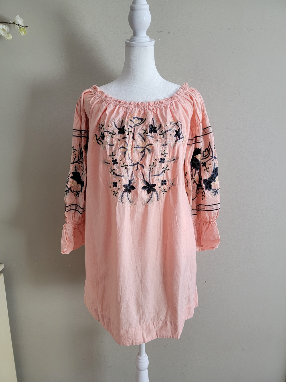 Free People Fleur Du Jour Dress Pink Peach with Navy Embroidery Size Medium